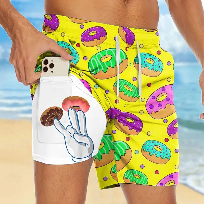 Men's Novelty Donuts Lined Shorts 2 in 1 Board Shorts Swim Shorts Mid Waist Hawaiian Vacation Holiday Beach Wear Side Pockets With Compression Liner Elastic Drawstring Waist Designer Clothing Apparel2