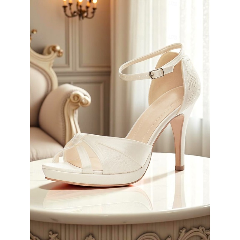 Women's Elegant Pink Satin Peep Toe High Heel Sandals with Ankle Strap and Lace Inlay – Graceful Wedding Party Shoes for Brides and Formal Events