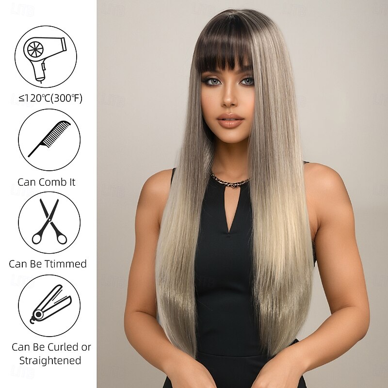 Synthetic Wig kinky Straight Natural Straight Layered Haircut Neat Bang Machine Made Wig 28 inch A1 Synthetic Hair Women's Comfortable Color Gradient Highlighted / Balayage Hair Blonde2