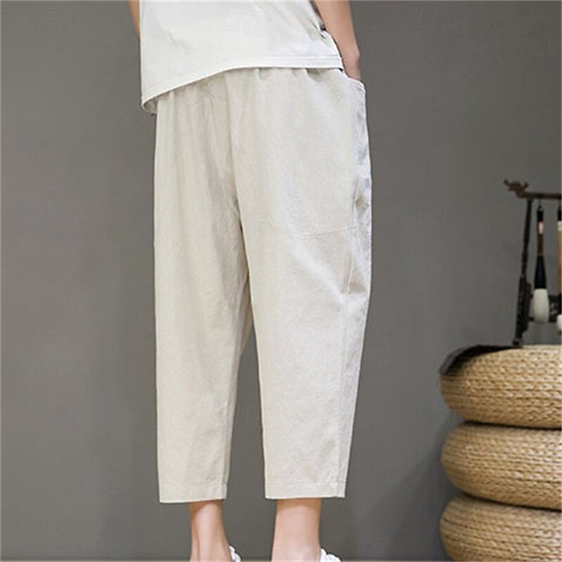Men's Linen Pants Trousers Summer Pants Capri shorts Beach Pants Pocket Drawstring Elastic Waist Plain Comfort Breathable Ankle-Length Vacation Daily Holiday Vintage Hawaiian Black Navy Blue4