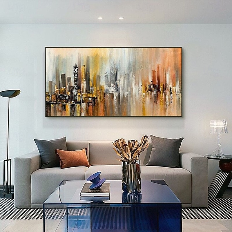 Cityscape oil painting Extra Large hanmdade Brush Stroke Oil Painting on Canvas Artwork Oversize Abstract city oil paintings handmade Wall Art Orange color Handmade landscape Painting