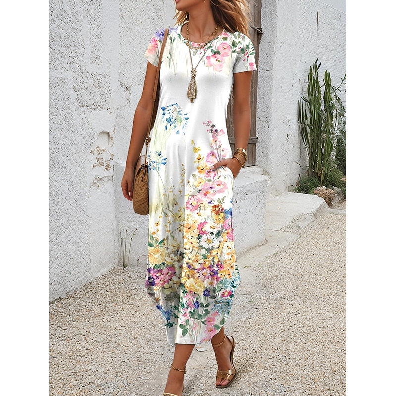 Women's Midi Dress T Shirt Dress Tee Dress Summer Dress Casual Daily Regular Fit Floral Graphic Short Sleeve Crew Neck White Summer