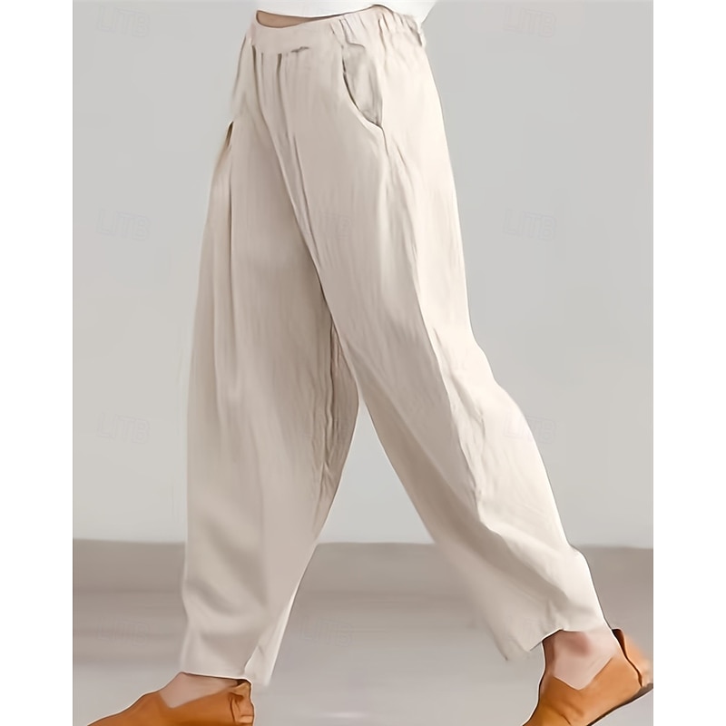 Women's Cotton Linen Pants Harem Pants Fashion Streetwear Comfort Full Length Mid Waist Plain Pocket Elastic Waist Comfy Outdoor Comfortable Street Daily Wear Going out Apricot Black Summer Spring2