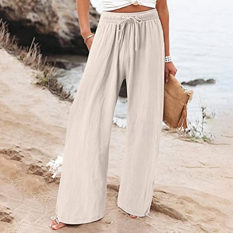 Women's Wide Leg Chinos Baggy Pants Vacation Vintage Basic Full Length High Waist Plain Pocket Elastic Waistband Comfy Soft Comfortable Micro-elastic Formal Vacation Street Black Green Beige Gray3