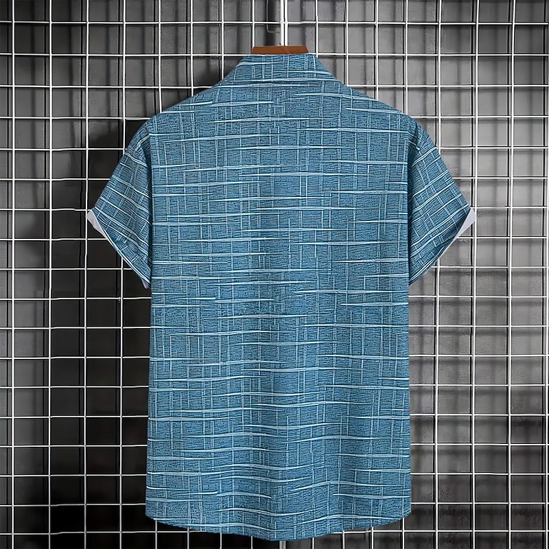 Men's Geometric Grid / Plaid Shirt Casual Shirt Button Up Shirt Short Sleeve Fashion Casual Outdoor Vacation Dailywear Summer Turndown 3D Print Front One Pocket Linen Like Shirt Black Blue Green4