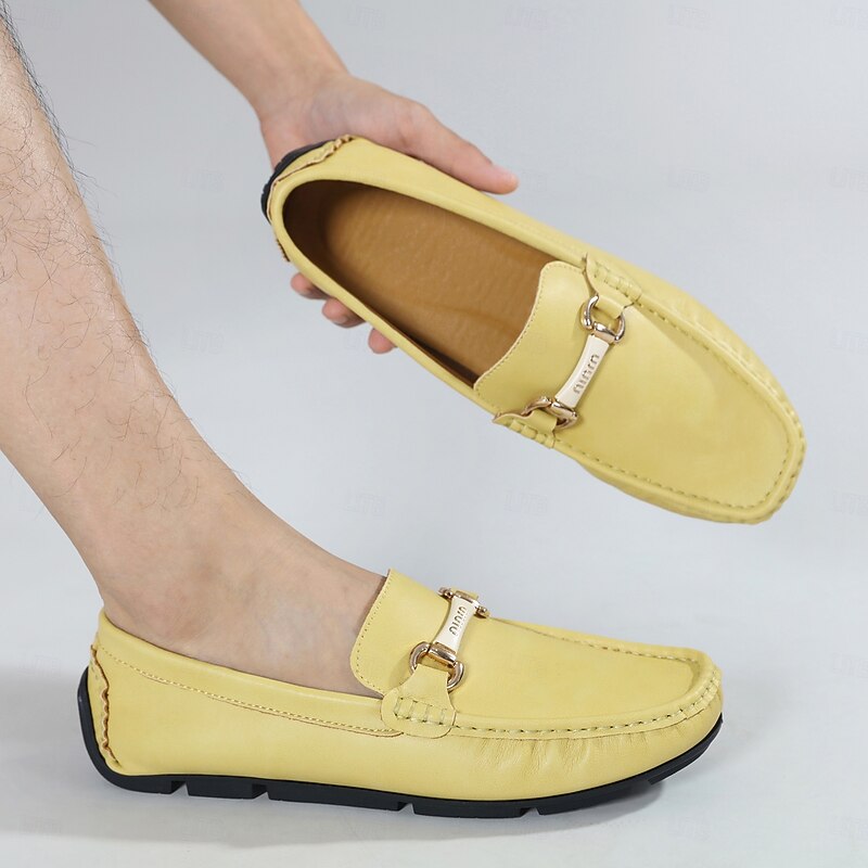 Men's Yellow Moccasins with Metal Buckle, Casual Slip-On Driving Shoes, Perfect for Spring and Summer Vacations4