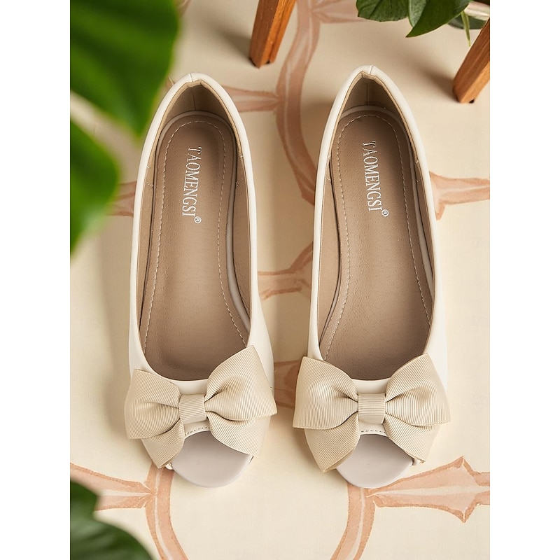 Women's Cream Peep Toe Bow Flats – 1950s Elegant Ballet Style Slip-On Shoes for Bridesmaids, Spring Outfits, and Daily Comfort3
