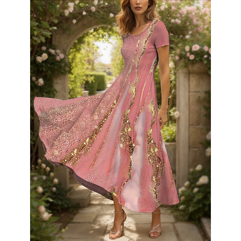 Women's Maxi Dress Casual Dress A Line Dress Summer Dress Elegant Vacation Vintage Regular Fit Ombre Graphic Abstract Short Sleeve Square Neck Pink Blue Summer Spring