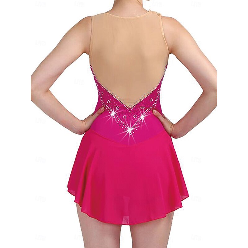 Figure Skating Dress Women's Girls' Ice Skating Dress Rose Red Patchwork Open Back Mesh Spandex Stretchy Training Practice Professional Skating Wear Thermal Warm Crystal / Rhinestone Sleeveless Ice2