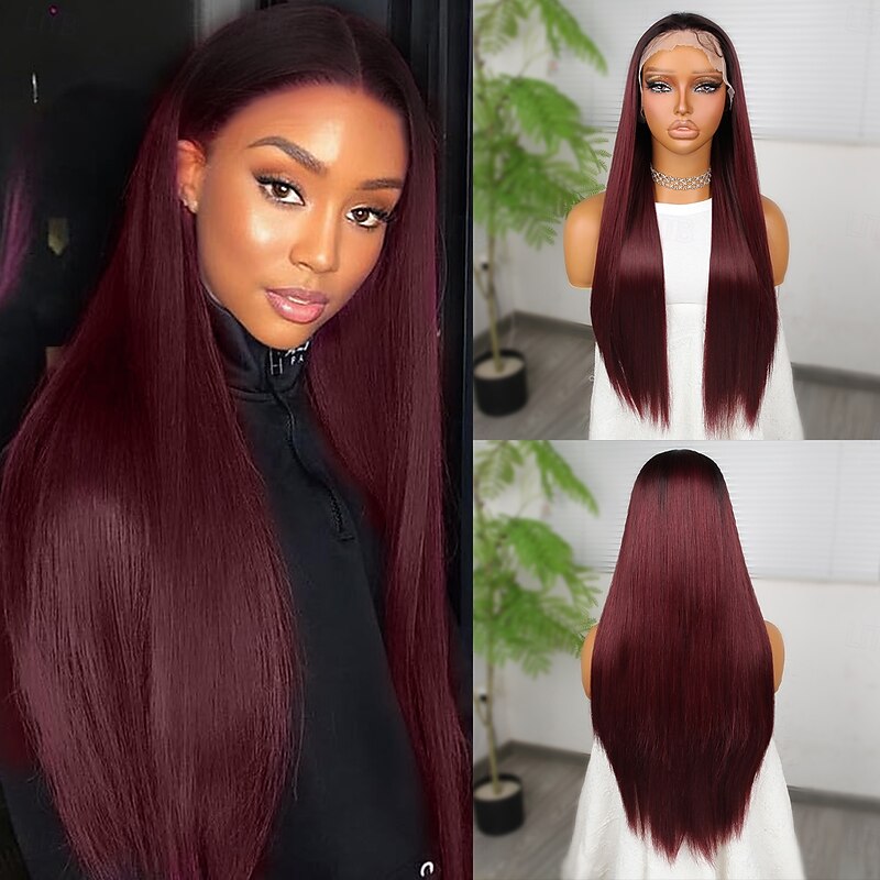 Synthetic Lace Wig Straight Style 26 inch Burgundy Middle Part 13x4 Lace Front Wig Women's Wig Wine Red