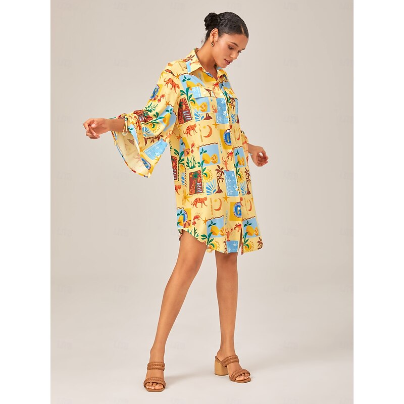 Tropical Collage Button-Down Shirt Dress2