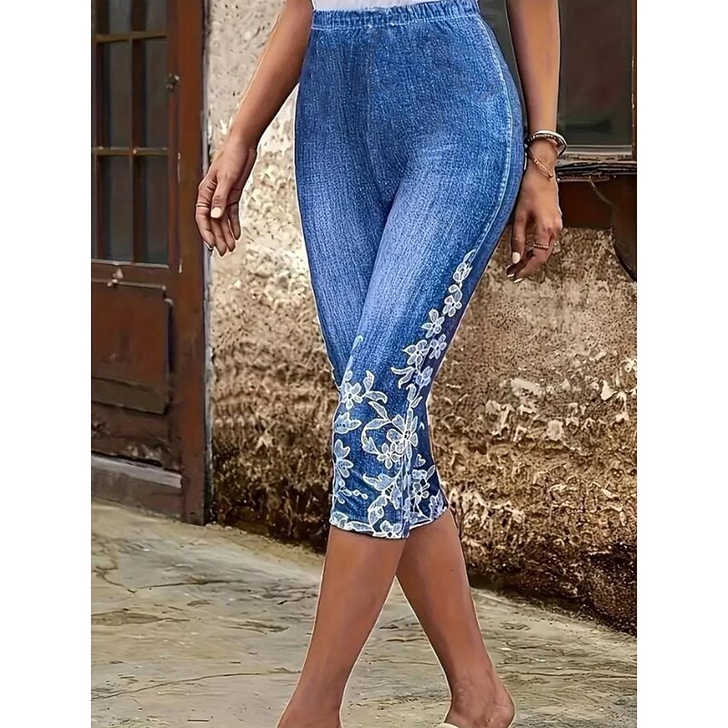 Women's Leggings Capri Pants High Elasticity Vacation Vintage Fashion Calf-Length Mid Waist Floral Graphic Printing Breathable Soft Stretchy Outdoor Vacation Street Robin's Egg Blue Summer Spring