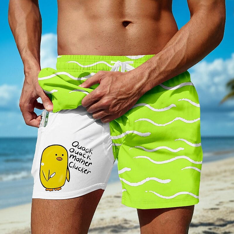 Men's Geometric Chick Funny Lined Shorts 2 in 1 Board Shorts Swim Shorts Mid Waist Hawaiian Vacation Holiday Beach Wear Side Pockets With Compression Liner Elastic Drawstring Waist Designer Clothing4