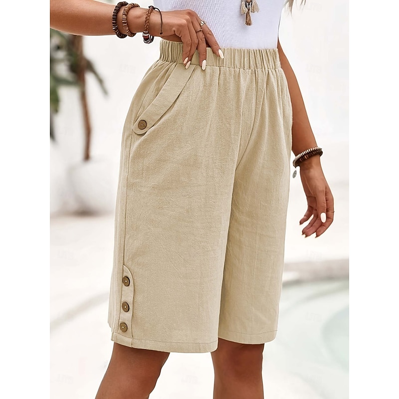 Women's Cotton Linen Shorts Linen-Inspired Pants Cotton Linen Pants Casual Comfort Knee Length High Waist Solid Colored Pocket Buckle Inelastic Daily Wear Casual Daily Black White Dark navy Dark Gray