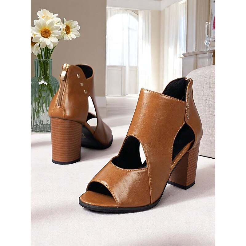 Contemporary Chunky Heel Sandals - Chic Faux Leather Peep-Toe Booties with Cutout Details, Perfect for Office and Daily Outings3