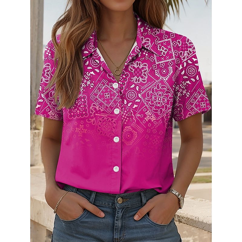 Women's Shirt Long Sleeve Button Down Blouse Ombre Graphic Paisley Daily Casual Short Sleeve Shirt Collar Regular Tops Daily Red Blue Fuchsia Summer Spring