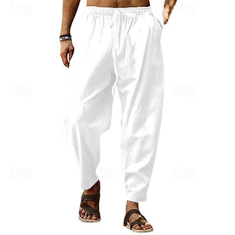 Men's Linen Pants Trousers Summer Pants Harem Pants Pocket Drawstring Elastic Waist Plain Comfort Breathable Full Length Outdoor Casual Daily Fashion Classic Style White Yellow4
