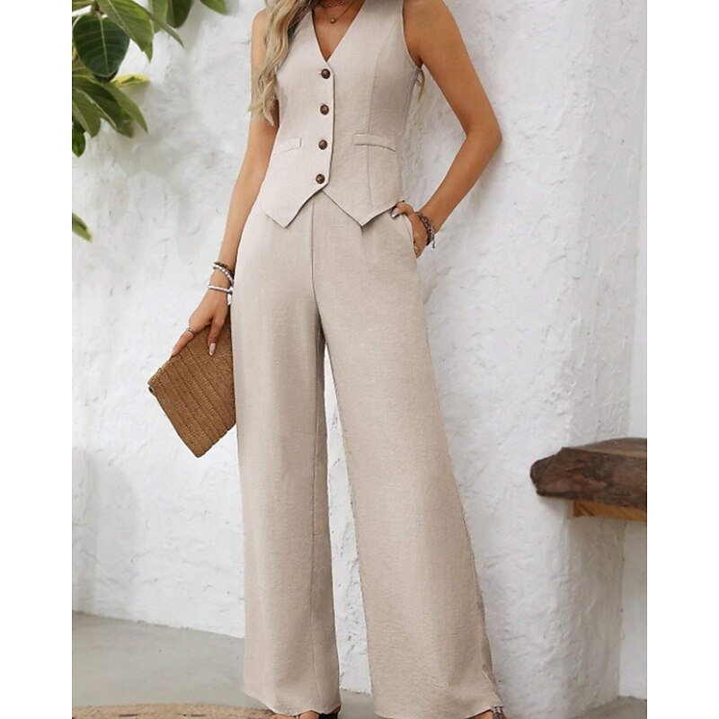 Women's Active Blouse Vest Pants Sets Sleeveless V Neck Solid Color Dubbele Rij Knopen Outdoor Vacation Blue Green Khaki Summer Regular Fit4