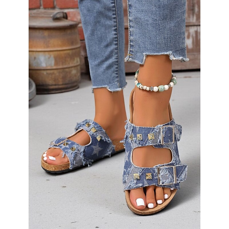 Women's Denim Studded Double Buckle Sandals – Casual Streetwear Slides for Summer and Outdoor Activities