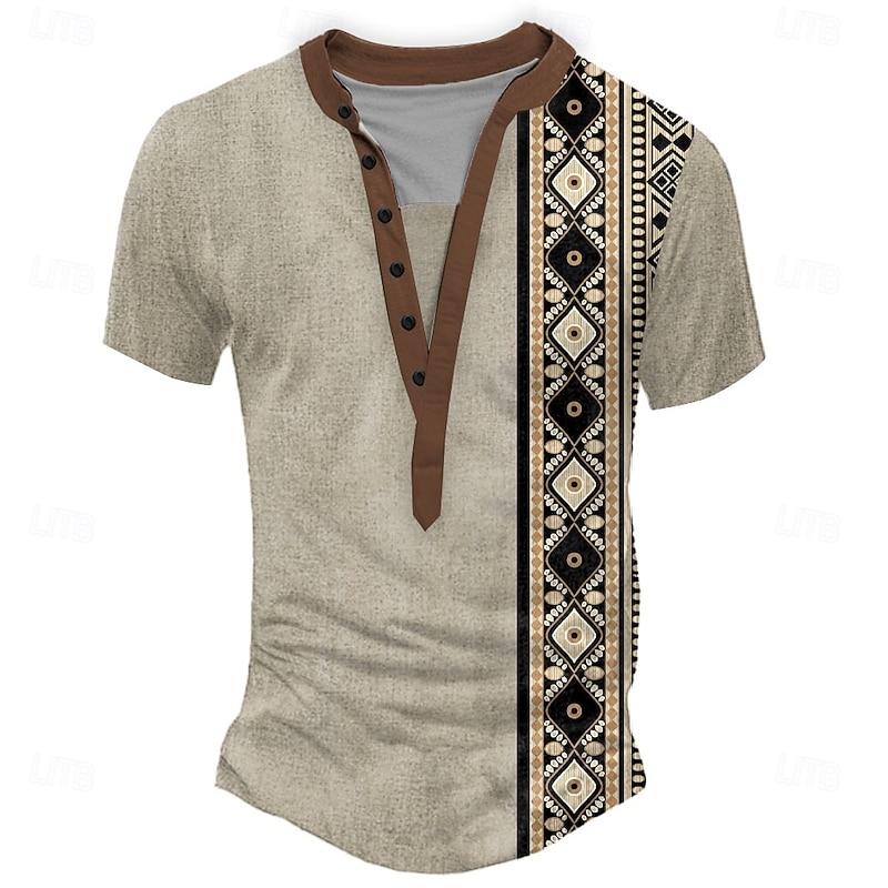 Men's Tribal Ethic / African T Shirt Henley Shirt Tee Short Sleeve Designer Basic Classic Outdoor Casual Daily Summer Black Blue Yellow Khaki Henley Henley T-Shirt2