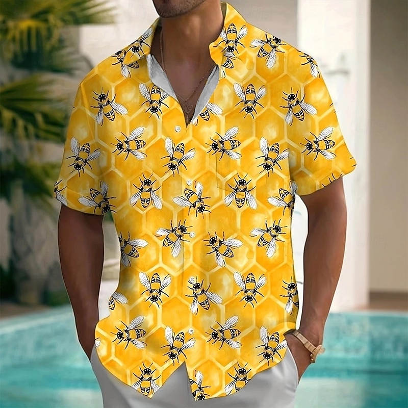 Men's Bee Funny Beehive Shirt Summer Hawaiian Shirt Button Up Shirt Short Sleeve Hawaiian Vacation Holiday Beach Wear Summer Spring Turndown 3D Print Collared Shirts Front One Pocket Yellow