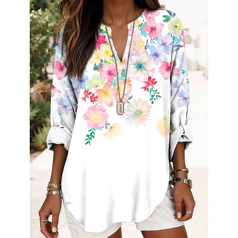 Women's Blouse Tunic V Neck Long Sleeve Boho Casual Tops Ombre Floral Graphic Elegant Stylish Romantic Regular Tops Daily Print White Light Green Pink Beige3