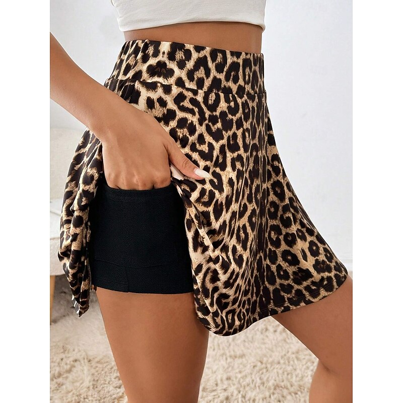 Women's Short Skirt culottes Slim Fashion Casual Mini High Waist Skirts Graphic Leopard Layered Stretchy Daily Brown Summer Polyester