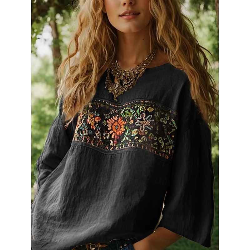 Women's Blouse Long Sleeve Floral Graphic Bohemia Daily Ethnic 3/4 Length Sleeve Crew Neck Boat Neck Regular Tops Daily Holiday Vacation Wear Print Black Red Orange Beige Summer Spring4