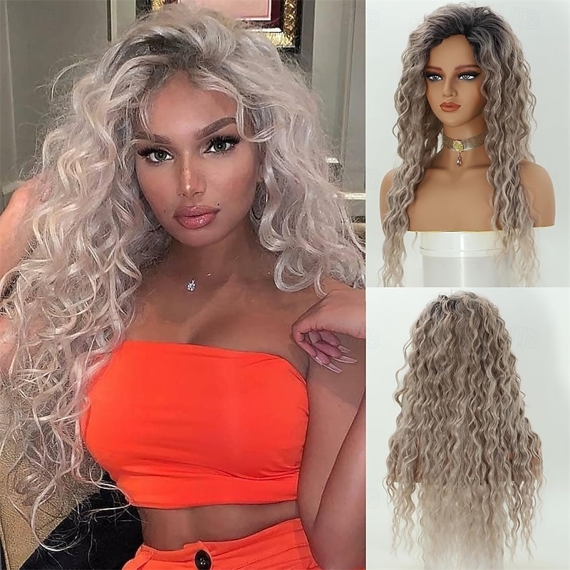 Fencca Grey Blonde Long Curly Wigs for Women Synthetic Layered Wavy Wig with Dark Roots Puffy Easy Wear To Go Curly Hair Wig Mix Color