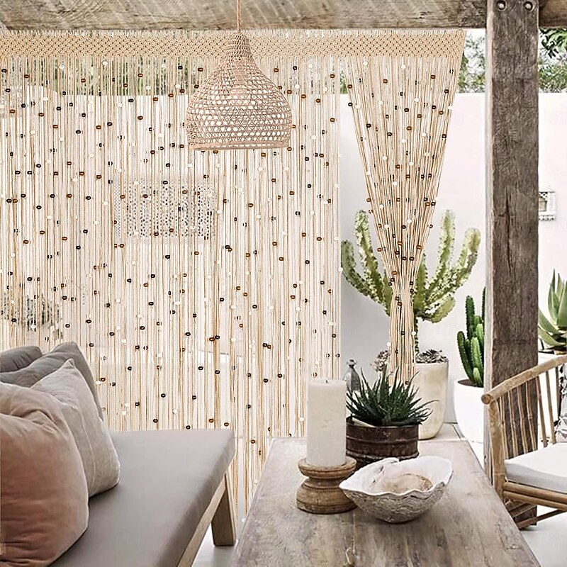 Boho Macrame Beaded Curtain Handmade Door String Curtain for Doorway Window Cotton Tassels Beads Hanging Hippie Room Divider Hallway Closet Bedroom Living Room Decor3