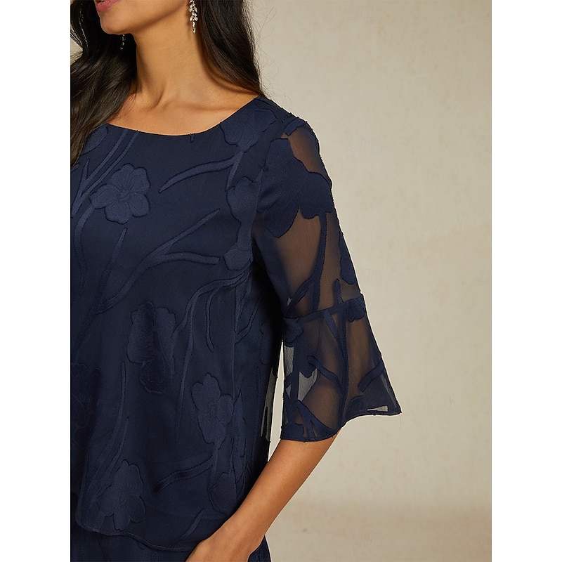 Women's Lace Shirt Blouse Dressy Tops Chiffon Tops Solid Color Elegant Stylish Basic 3/4 Length Sleeve Bell Sleeve Boat Neck Regular Tops Wedding Guest Work Daily Asymmetric Hem Navy Blue Summer3