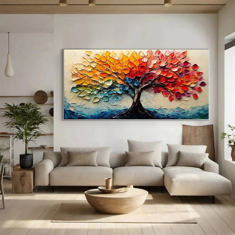 Oil paintings hand painted Mountainside Scenery Oil Painting on Canvas Handmade Textured Trees in Autumn Yellow Grassland Acrylic Painting River Landscape Wall Art3