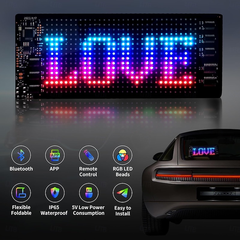 Smart Lights Programmable Car Led Sign Flexible Scrolling Bright LED Sign for Car Bluetooth APP RGB Animations Text Graffiti Message Pattern Advertising With Remote Controls for Car Store Bar