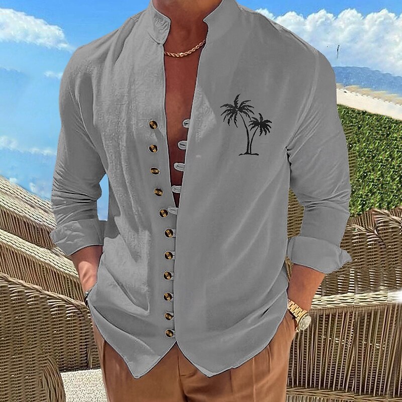 Men's Shirt Linen Shirt Summer Shirt Beach Wear Button Up Shirt Coconut Tree Vacation Holiday Black White Purple Khaki Long Sleeve Stand Collar Summer Spring Clothing Apparel Buttons3