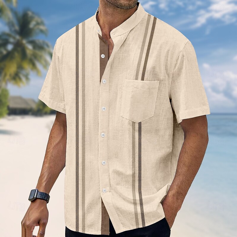 Men's Geometric Striped Shirt Guayabera Shirt Stand Collar Shirt Short Sleeve Casual Vacation Dailywear Summer Spring Mandarin Collar Band Collar Grandad Collar Front One Pocket Linen Like Shirt Pink3