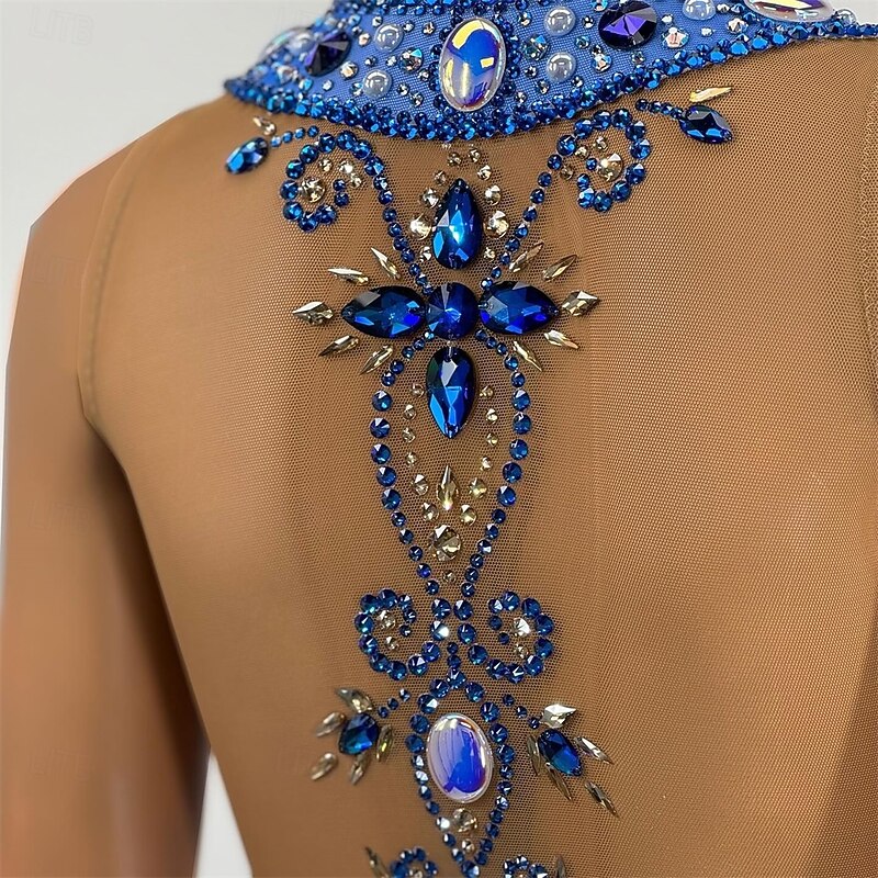 Figure Skating Dress Women's Girls' Ice Skating Dress Sky Blue White Patchwork Asymmetric Hem Mesh High Elasticity Training Competition Skating Wear Classic Crystal / Rhinestone Sleeveless Ice4