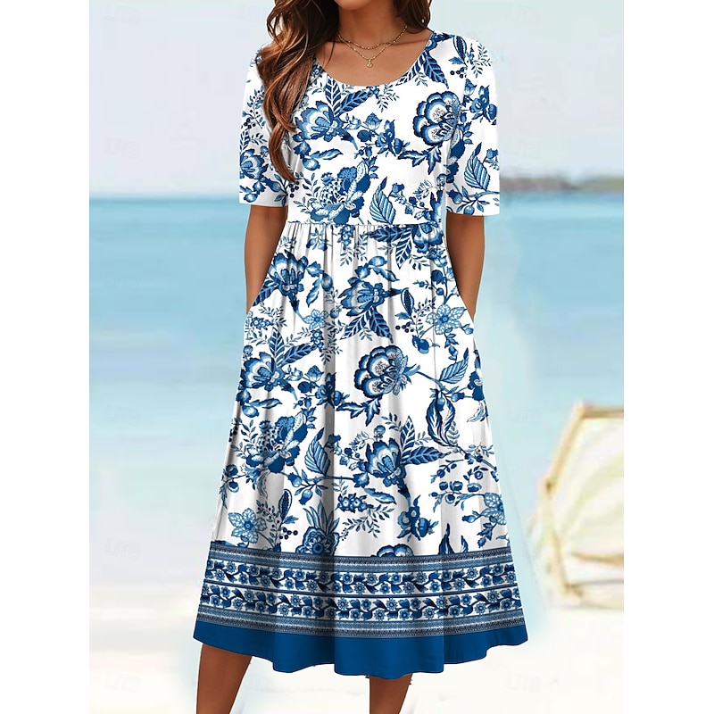 Women's Midi Dress Summer Dress Pleated Dress Vacation Casual Beach Daily Holiday Regular Fit Floral Graphic Paisley Short Sleeve Crew Neck Blue Orange Green Summer2