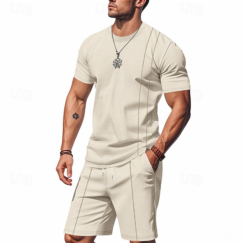 Men's T-shirt Suits 2 Pieces Outfits Tee & Shorts Short Sleeve Crew Neck Summer Plain Fashion Casual 2 Piece Vacation Daily Wear Going out Black White Royal Blue Top Tee for Men2