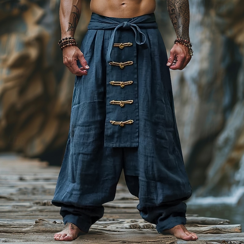 Men's Linen Pants Trousers Summer Pants Baggy Pants Buttons Drawstring Elastic Waist Plain Comfort Breathable Full Length Yoga Daily Gym Designer Retro Vintage Red Navy Blue4