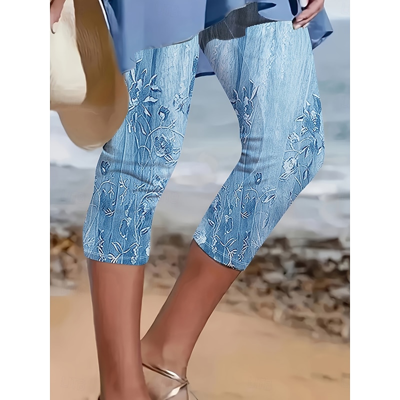 Women's Leggings Capri Pants 3D Print High Elasticity Vacation Vintage Fashion Calf-Length High Waist Floral Graphic Printing Breathable Soft Stretchy Formal Vacation Office Buff Pink Blue Amethyst