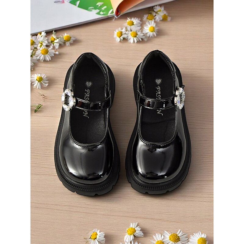 Little Girls' Black Patent Mary Janes with Rhinestone Buckle – Low Heel Dress Shoes for School and Special Occasions3