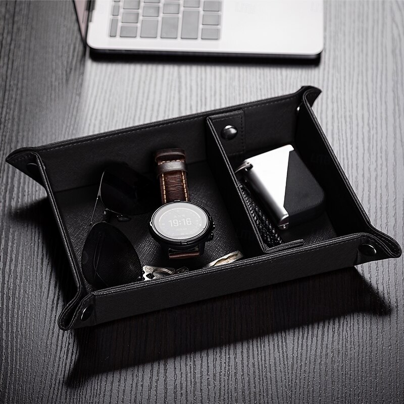 PU Leather Desk Organizer Tray, Multi-Compartment Key Holder, Jewelry & Makeup Storage Tray, Premium Leather Entryway Organizer for Home or Office