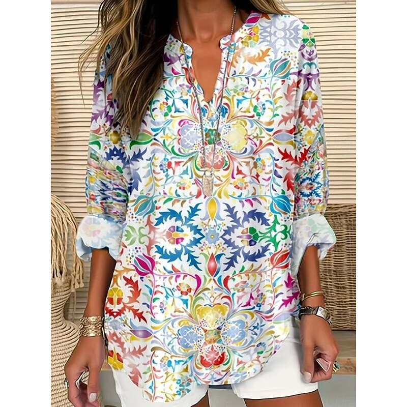 Women's Blouse Tunic V Neck Long Sleeve Boho Casual Graphic Geometric Elegant Daily Regular Tops Daily Print Black Yellow Red Blue Gold3