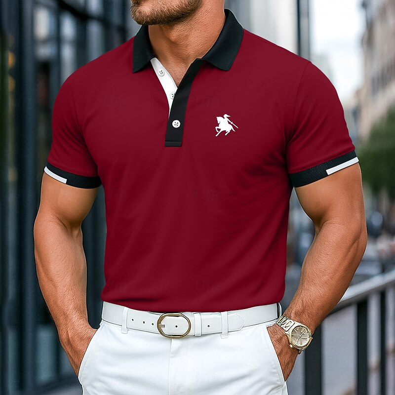 Men's Cotton Polo Shirt Golf Shirt Casual Ribbed Polo Collar Short Sleeve Fashion Basic Solid Color Sporty Logo Summer All Seasons Slim Fit Dark Red Black White Blue Light Green Cotton Polo Shirt2