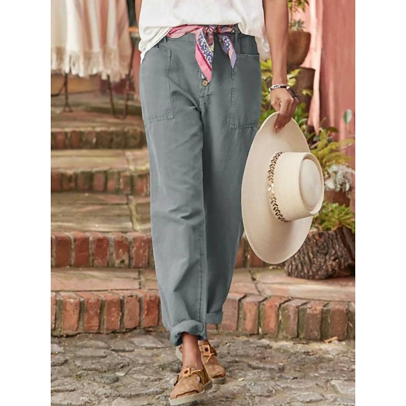 Women's Cotton Linen Baggy Pants Solid Color Chinos Basic Casual Full Length High Waist Medium Waist Plain Pocket Comfort Outdoor Micro-elastic Vacation Street Daily Army Green Grey Black Red2