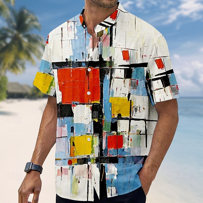Men's Color Block Patchwork Graffiti Shirt Stand Collar Shirt Short Sleeve Casual Vacation Dailywear Summer Spring Mandarin Collar Band Collar Grandad Collar Front One Pocket Linen Like Shirt White
