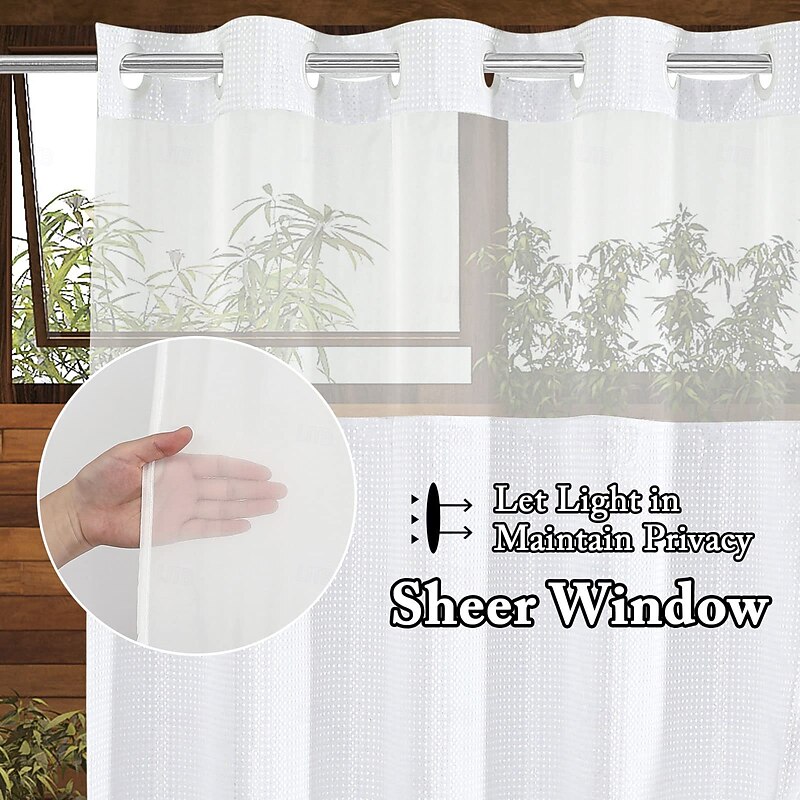 No Hook Shower Curtain 180cm*180cm(70"*70")with Snap-in Polyester Fabric Liner Sheer Top Window Waterproof Double Layer Bathtub Curtain Leaves Plant Pattern3