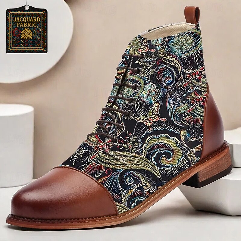 Men's Vintage Peacock Feather Print Lace-Up Ankle Boots – Faux Leather and Jacquard Fabric, Casual and Formal Wear