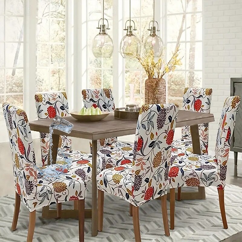 Water Resistant Stretch Spandex Dining Chair Cover 1/4/6 Pcs Set, Floral Pattern Stretch Chair Protector Cover Seat Slipcover with Elastic Band