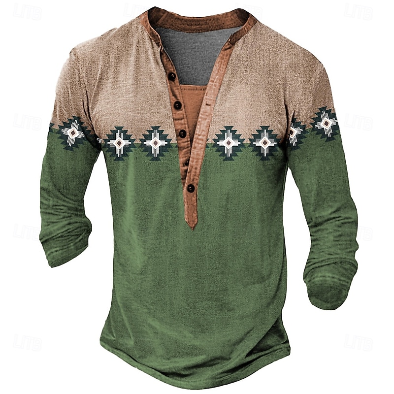 Men's Tribal T Shirt Henley Shirt Long Sleeve Designer Retro Vintage Casual Street Casual Daily Summer Spring Fall Dark Brown Green Blue Henley Henley T-Shirt